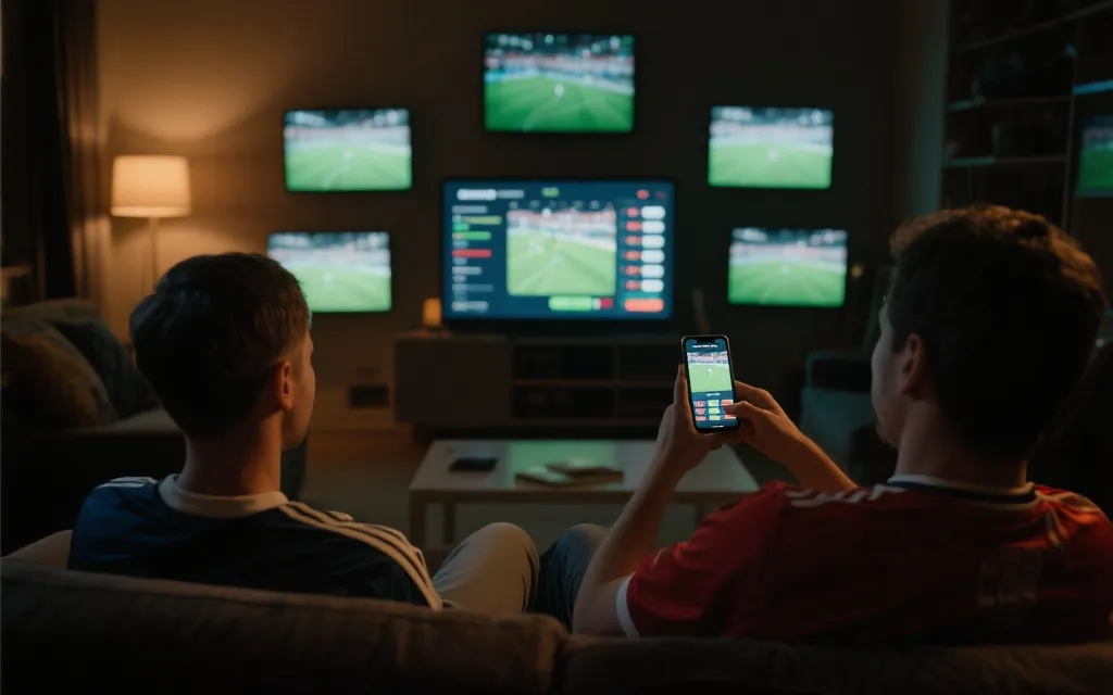 球迷在客厅与移动设备上观看密集赛程的场景概念图